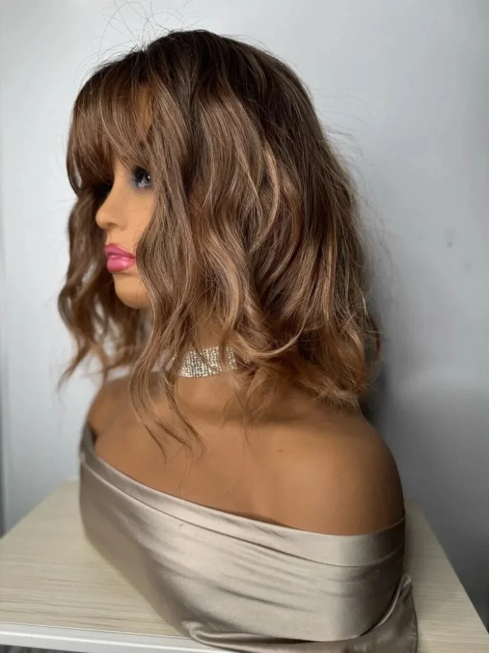 Mocha Brown Wavy Synthetic Wig with Bangs | Shoulder Length | Natural Part